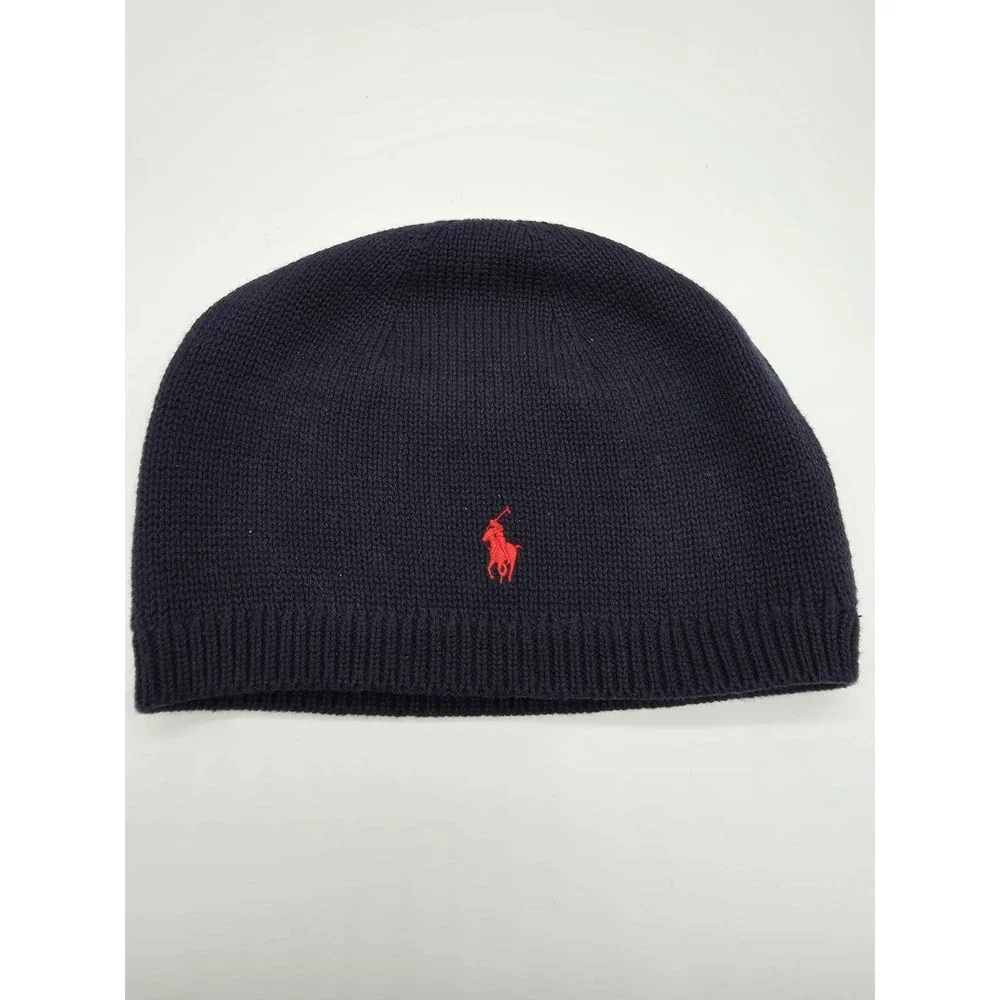 Polo Ralph Lauren Men's Wool Blend Knit Beanie Hat Navy Blue Red Pony NWOT